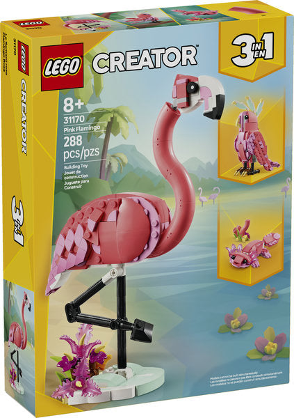 LEGO Creator Wild Animals: Pink Flamingo building set with posable pink flamingo on plant stand for kids 8+