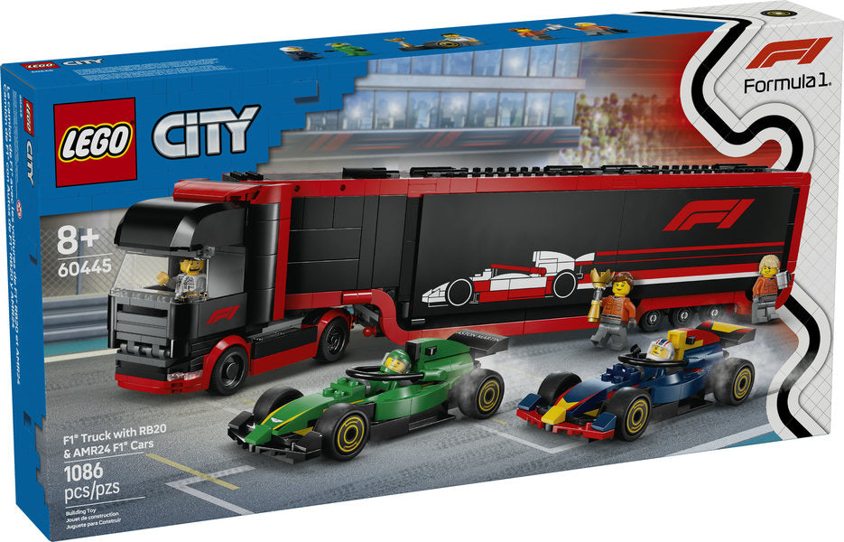 LEGO City F1 Truck with RB20 & AMR24 F1 Cars set featuring a transport truck, two F1 cars, and racing minifigures.