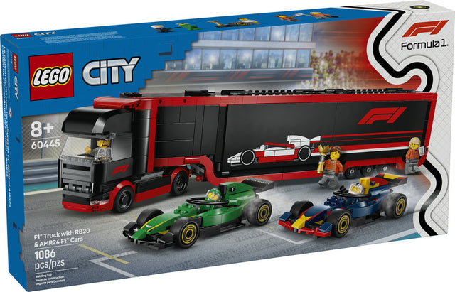 LEGO City F1 Truck with RB20 & AMR24 F1 Cars set featuring a transport truck, two F1 cars, and racing minifigures.