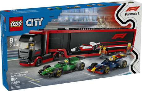 LEGO City F1 Truck with RB20 & AMR24 F1 Cars set featuring a transport truck, two F1 cars, and racing minifigures.