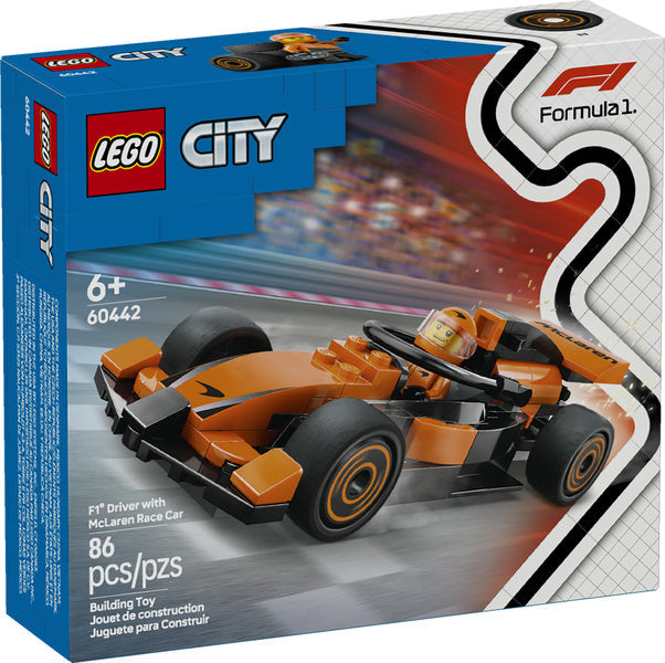 LEGO City F1 Driver with McLaren Race Car set featuring an orange Formula 1 toy car and driver minifigure for kids 6+