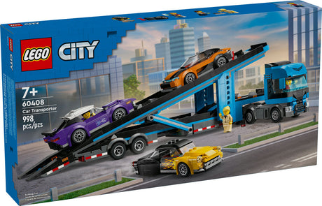 City Car Transporter Truck with Sports Car toy set showing trailer loaded with three colorful cars and minifigure by cityscape.