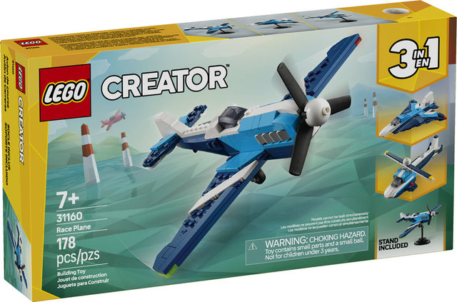 LEGO Creator Aircraft: Race Plane set featuring a blue race plane with rotating propeller and stand included for kids aged 7+