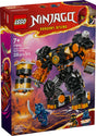 LEGO Ninjago Cole's Elemental Earth Mech with posable arms, hammer, cockpit, and 2 minifigures including Cole and Wolf Mask Warrior