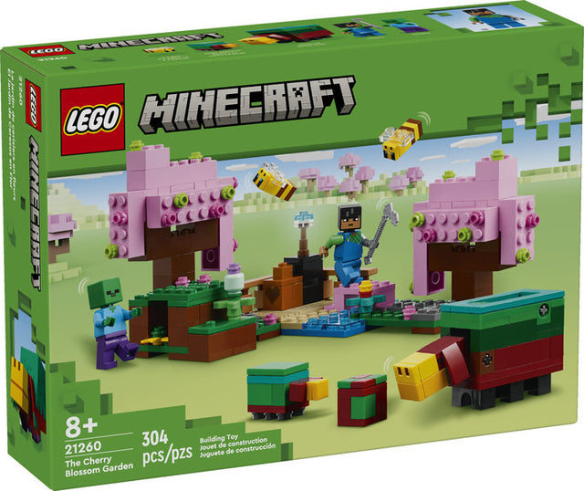 LEGO Minecraft The Cherry Blossom Garden set with pink trees, bees, zombie, and buildable garden scene for ages 8 and up.