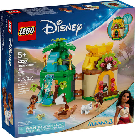 LEGO Disney Princess Moana's Island Fun playset with waterfall, house, slide, and Moana figures for ages 5+