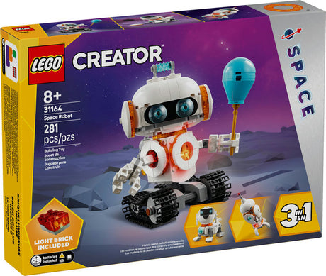 LEGO Creator Space Robot with 281 pieces builds a posable robot toy with light brick on moving tracks for kids 8+.