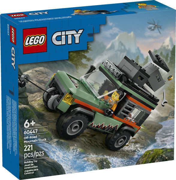 LEGO City Off-Road 4x4 Mountain Truck toy with rugged tires, roof storage, working winch, and adventurous minifigure.