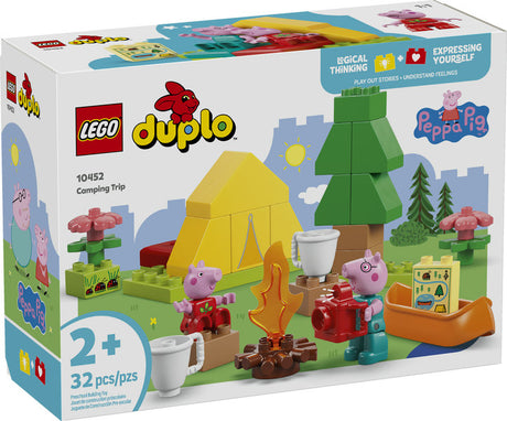 Duplo Peppa Pig Camping Trip toddler playset with tent, campfire, canoe, Peppa and Daddy Pig figures for imaginative camping fun.