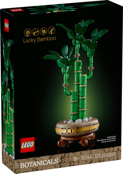 LEGO Botanicals Lucky Bamboo set with three green bamboo stems, pebbles, and wood-effect pot decor.