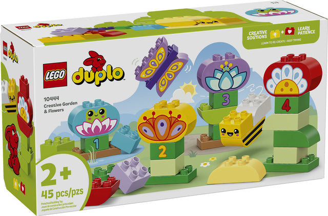 Duplo Creative Garden & Flowers with 45 colorful bricks featuring flowers, butterfly, bee, and frog for preschool learning.