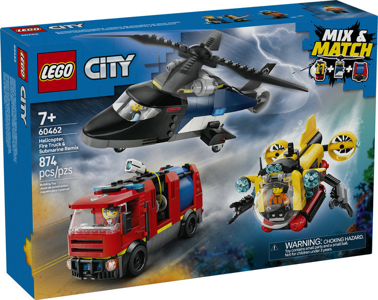 City Helicopter, Fire Truck & Submarine Remix set with modular action vehicles including helicopter, fire truck, and submarine.