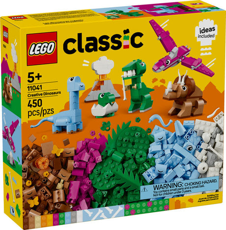 LEGO Classic Creative Dinosaurs set with colorful bricks to build T. rex, pterosaur, triceratops, brontosaurus, and volcano.