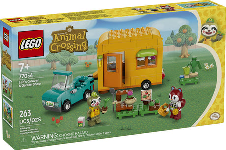 LEGO Animal Crossing Leif's Caravan & Garden Shop set with caravan, car, plants, and characters in a garden scene.