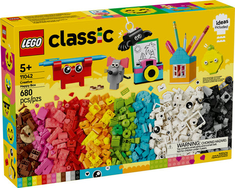 LEGO Classic Creative Happy Box with 680 colorful bricks and models for creative building and fun displays.
