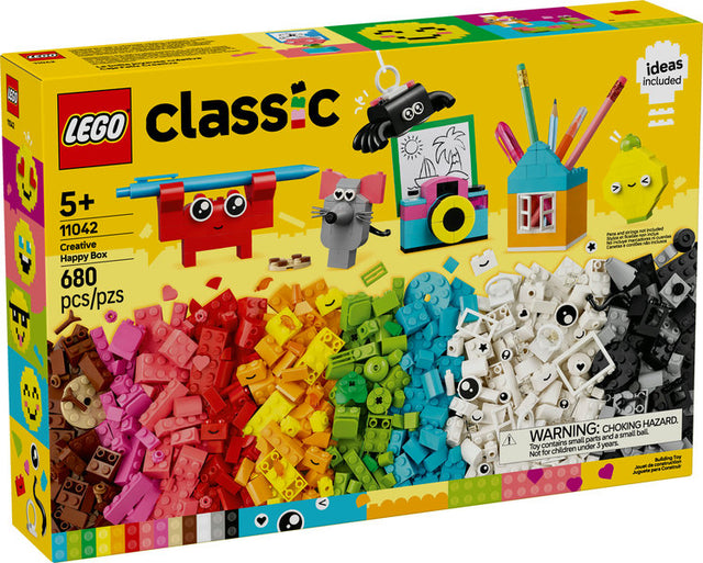 LEGO Classic Creative Happy Box with 680 colorful bricks and models for creative building and fun displays.