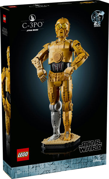 Star Wars C-3PO LEGO buildable droid figure with poseable arms, head, and display stand with plaque.