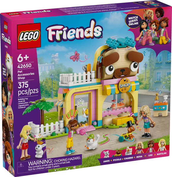 LEGO Friends Pet Accessories Shop building set with characters, pets, and colorful accessory shop details.