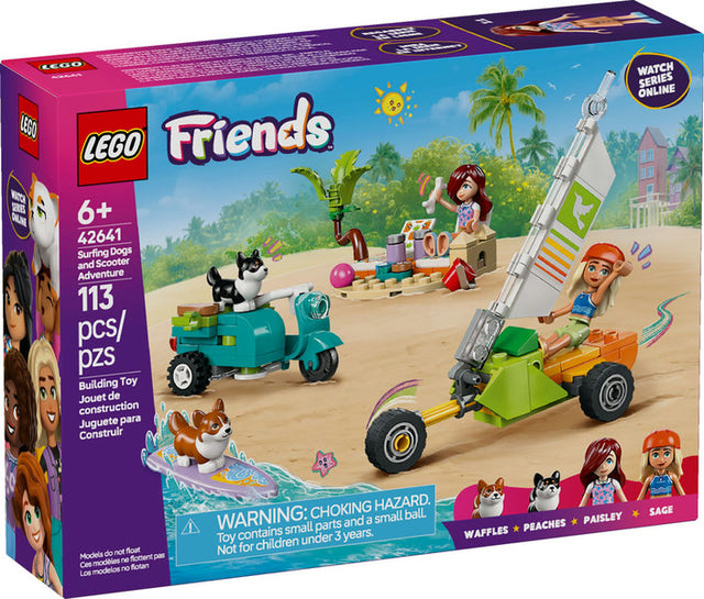 LEGO Friends Surfing Dogs and Scooter Adventure with minidolls, corgis, scooter, surfboard, and beach accessories.