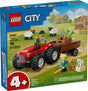 LEGO City Red Farm Tractor with Trailer featuring farmer, minifigures, sheep, trailer with carrots and hay bales playset.