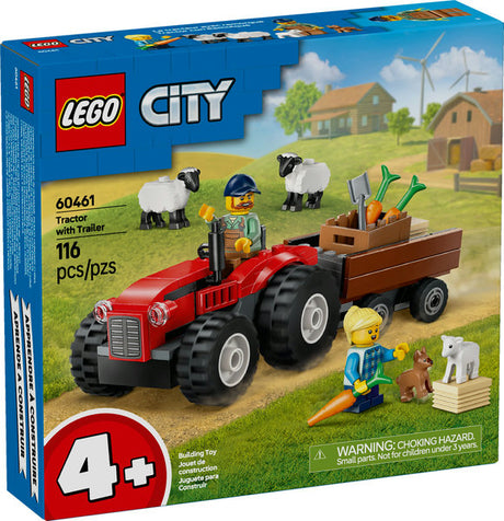 LEGO City Red Farm Tractor with Trailer featuring farmer, minifigures, sheep, trailer with carrots and hay bales playset.