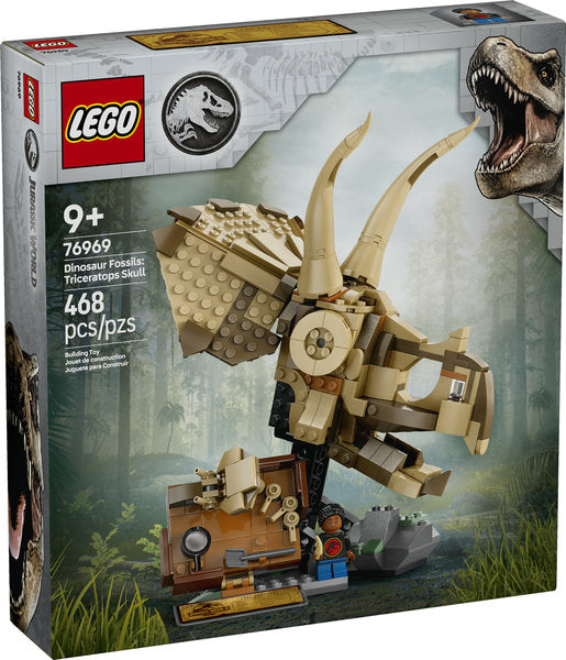 LEGO Jurassic World Dinosaur Fossils: Triceratops Skull building kit with 468 pieces and minifigure playset.