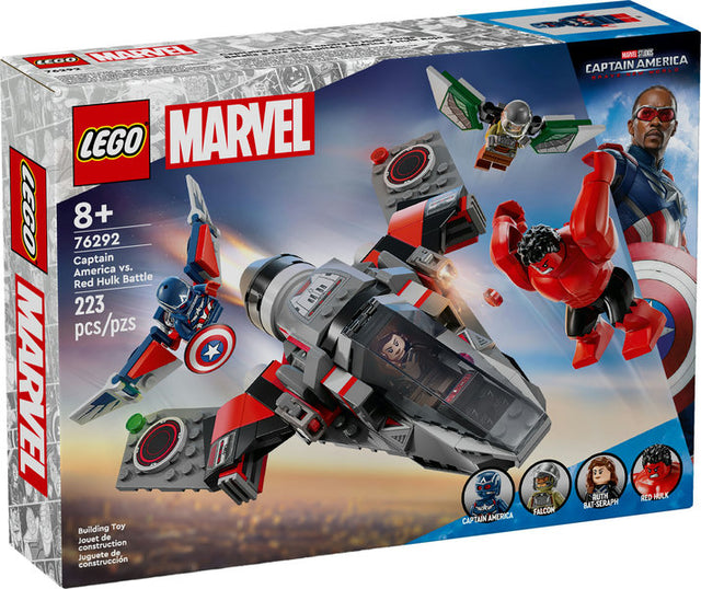 Super Heroes Marvel Captain America vs Red Hulk Battle LEGO set with fighter jet and minifigures in action scene.