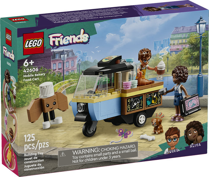 LEGO Friends Mobile Bakery Food Cart playset with mini-dolls, bakery cart, pup, and accessories for creative role play.