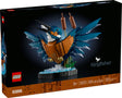 LEGO Icons Kingfisher Bird building set showing a detailed kingfisher perched on water with reeds display stand.