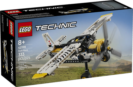 LEGO Technic Bush Plane with spinning propeller and zebra print design, model 42198 with 333 pieces for kids 8+.
