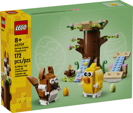 Seasons Spring Animals Playground LEGO set with squirrel, bird, treehouse, colorful Easter eggs, and playground elements for kids.