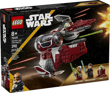 LEGO Star Wars Ahsoka's Jedi Interceptor with opening cockpit, adjustable wings, two minifigures, and R7-A7 droid figure.