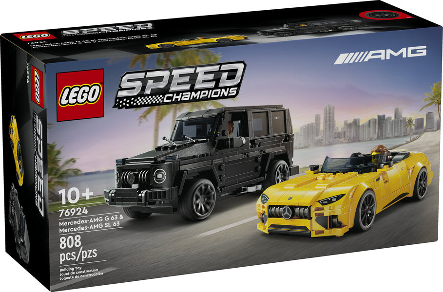 Speed Mercedes-AMG G 63 & Mercedes-AMG SL 63 LEGO set featuring detailed buildable car models with driver minifigures.