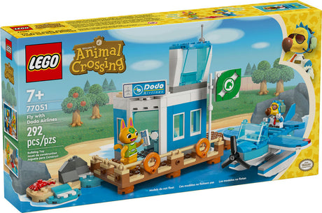 LEGO Animal Crossing Fly with Dodo Airlines Airport Playset with seaplane, control tower, and minifigures on jetty.