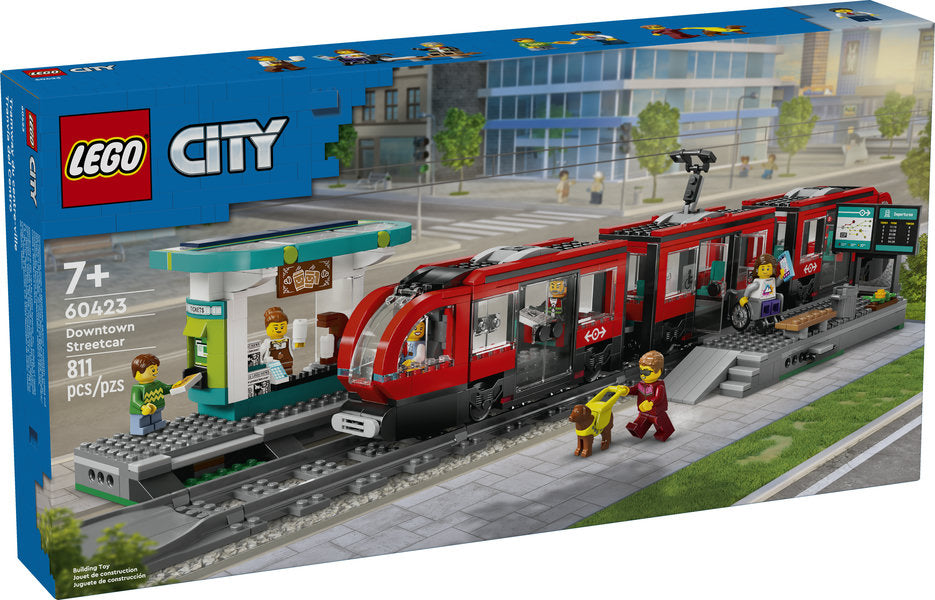 LEGO City Downtown Streetcar and Station set with red streetcar, station, minifigures, and accessible features for ages 7+.