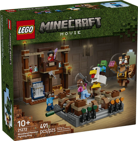 LEGO Minecraft Woodland Mansion Fighting Ring with characters Steve, Garrett, Henry, baby zombie, and posable great hog.