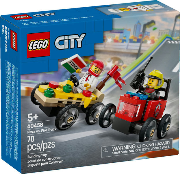 LEGO City Pizza vs Fire Truck Race Cars set with chef and firefighter minifigures racing soapbox cars.