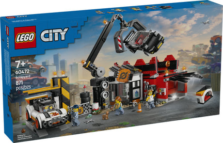 LEGO City Scrapyard with Cars playset featuring claw crane, crusher, two vintage cars, and four minifigures.