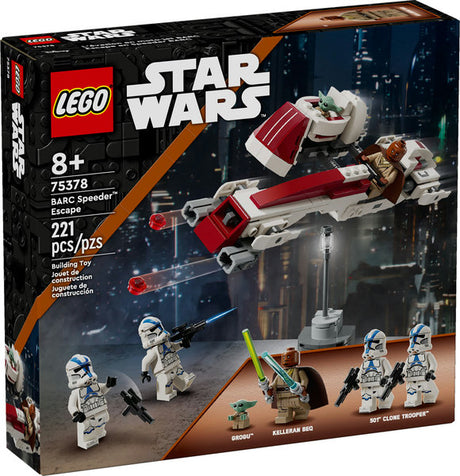 LEGO Star Wars BARC Speeder Escape set with minifigures and speeder bike in action-packed Mandalorian scene.
