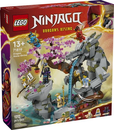 LEGO Ninjago Dragon Stone Shrine playset with stone dragon, ninja minifigures, cherry blossom tree, and waterfall features.