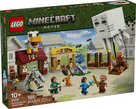Minecraft The Ghast Balloon Village Attack LEGO set with characters, balloon, market stalls, and explosive village scene.