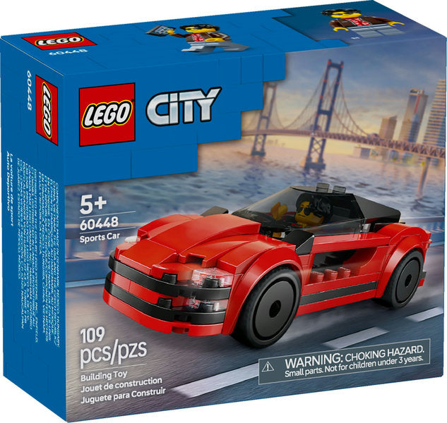 LEGO City Red Sports Car toy with sleek design, tinted cockpit, and cool rims for kids ages 5 and up.