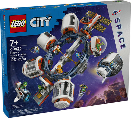 LEGO City Modular Space Station set with rotating ring, space pods, and astronaut minifigures floating in space.