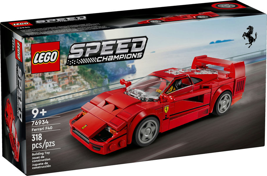 Speed Ferrari F40 Supercar LEGO set with detailed red buildable car, iconic spoiler, and Ferrari driver minifigure for kids 9+.