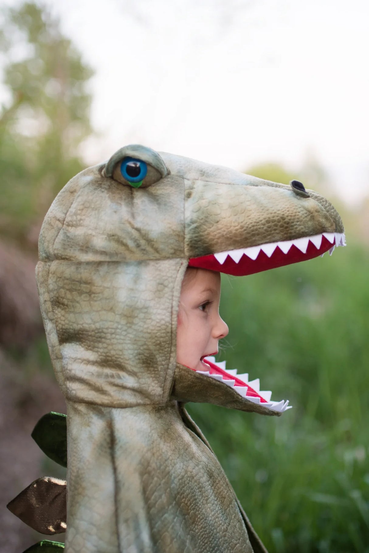 Child wearing the Grandasaurus T Rex Cape with Claws dinosaur costume with detailed head and open mouthpiece.