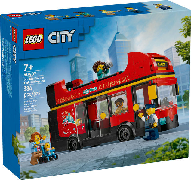 LEGO City Red Double-Decker Sightseeing Bus with 384 pieces, minifigures, baby stroller, and rotating destination display.