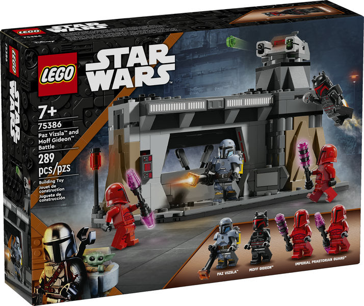 LEGO Star Wars Paz Vizsla and Moff Gideon Battle set with Mandalorian base, minifigures, and stud-shooting turret.