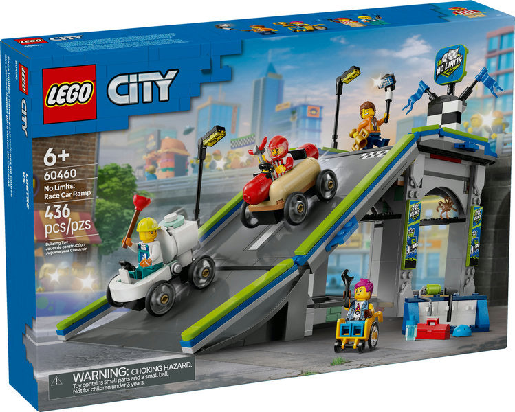 City No Limits: Race Car Ramp Track with soapbox cars, four minifigures, and a tall racing ramp for imaginative play.