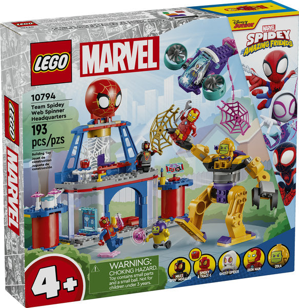 LEGO Marvel Spidey Team Spidey Web Spinner Headquarters set with Spidey, Iron Man, Miles Morales, Ghost-Spider, and Zola mech.