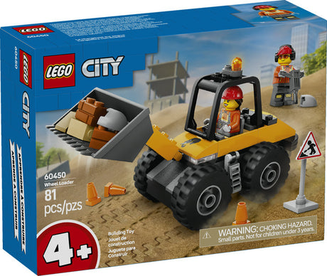 LEGO City Yellow Construction Wheel Loader with loader bucket, big tires, minifigures, and roadwork accessories for kids 4+